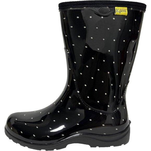 Women's Black Polka Dot Print Waterproof Mid Calf Rubber Comfort Insole Boot - Picture 5 of 7